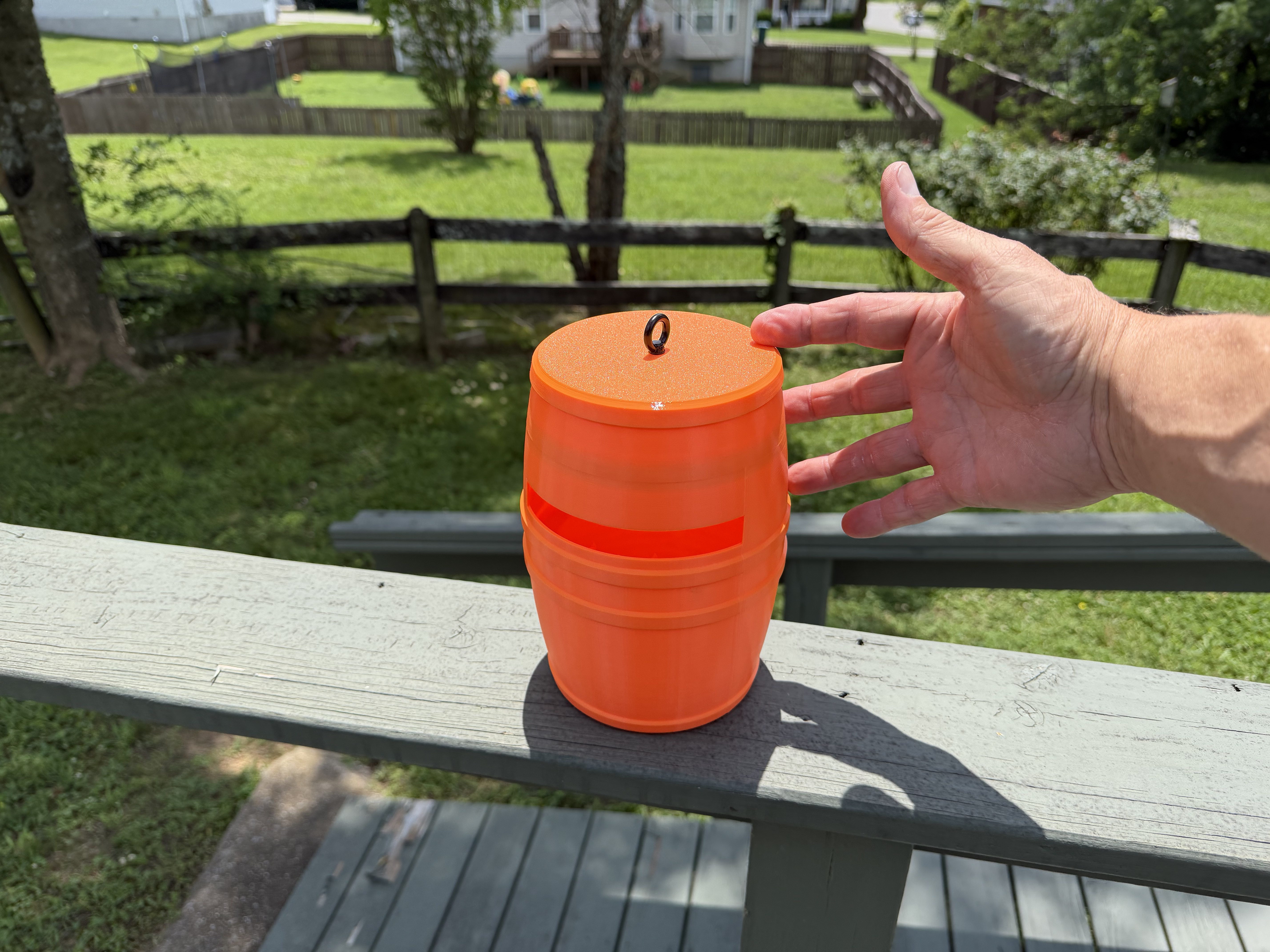 Orange barrel closed on deck rail